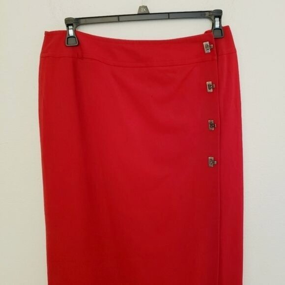 Vintage Rena Rowan Berry Red Wrap Front Midi Skirt w/Gun Metal Closures Sz12 EUC - Picture 3 of 10